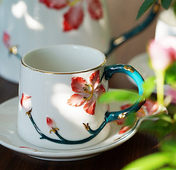 Afternoon British Tea Cups, Creative Bone China Porcelain Tea Cup Set, Traditional English Tea Cups and Saucers, Unique Ceramic Coffee Cups-ArtWorkCrafts.com