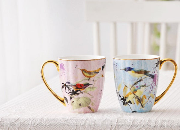 Elegant Ceramic Coffee Mug, Beautiful Bird Flower Ceramic Mug, Large Creative Bone China Porcelain Mug, Large Capacity Ceramic Mugs for Office-ArtWorkCrafts.com