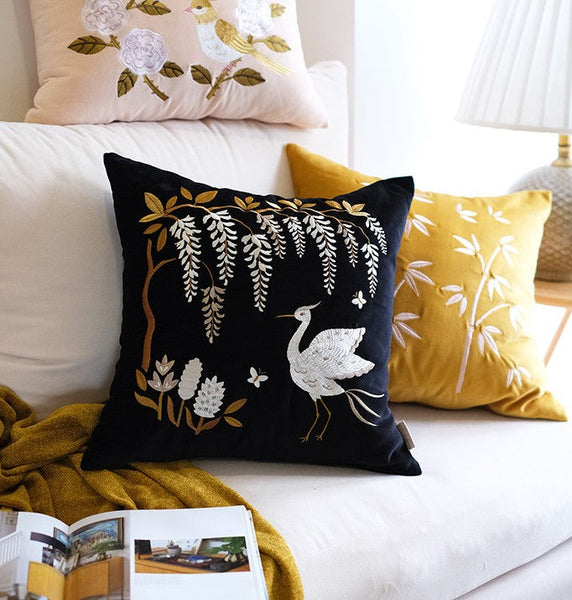 Decorative Pillow Arrangement Ideas for Bed, Embroidered Egret Cushion, Vintage Decorative Pillows, Luxury Decorative Pillows for Couch, Modern Throw Pillows for Couch-ArtWorkCrafts.com