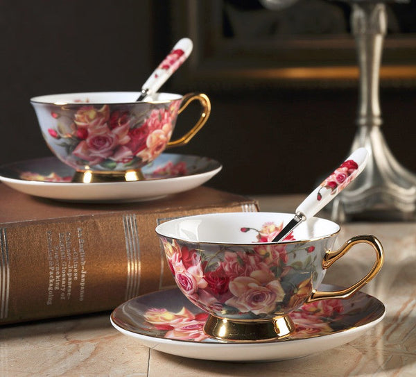 Ceramic Tea Cup and Saucer in Gift Box, Rose Flower Royal Porcelain Tea Cup Saucer Set, Elegant Ceramic Coffee Cups, Beautiful British Tea Cups-ArtWorkCrafts.com