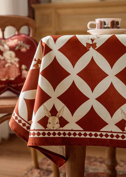 Holiday Red Tablecloth for Dining Table, Rabbit Pattern Table Cover for Dining Room Table, Modern Rectangle Tablecloth for Oval Table-ArtWorkCrafts.com