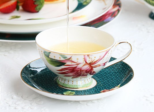 Lotus Flower Porcelain Tea Cup Saucer Set, Elegant Ceramic Coffee Cups, Beautiful British Tea Cups, Traditional English Tea Cup and Saucer-ArtWorkCrafts.com