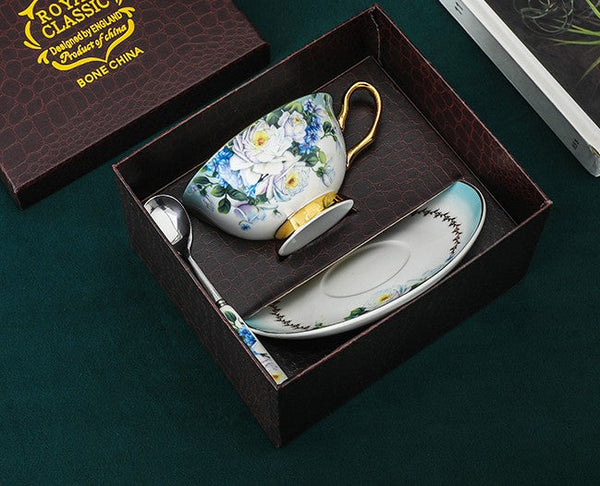 Royal Porcelain Tea Cup Saucer Set, Rose Flower Pattern Ceramic Cups, 7.4 oz British Ceramic Coffee Cups, Unique Tea Cup and Saucer in Gift Box-ArtWorkCrafts.com