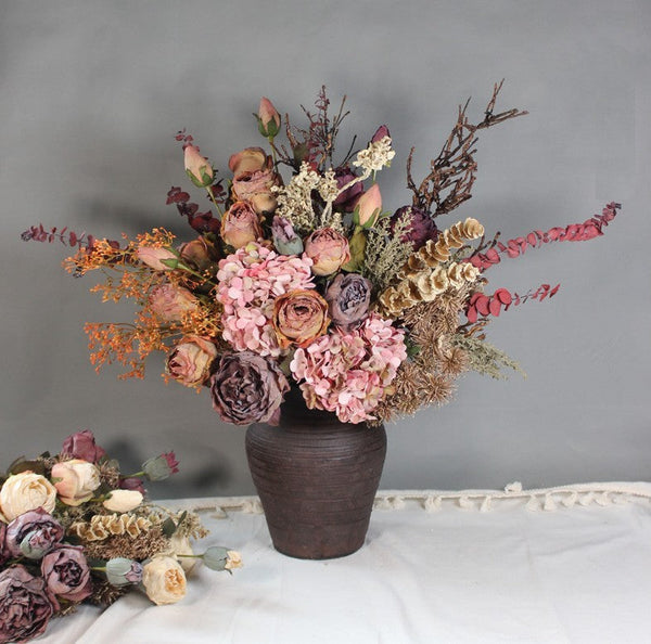 Beautiful Peony Rose Flowers Arrangement Interior Design, Modern Artificial Floral Arrangement for Bedroom, Large Faux Silk Floral Bouquet-ArtWorkCrafts.com