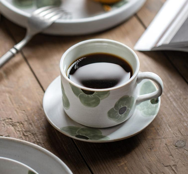Cappuccino Coffee Cup, Spring Flower Coffee Cup, Rustic Tea Cup, Pottery Coffee Cups, Coffee Cup and Saucer Set-ArtWorkCrafts.com