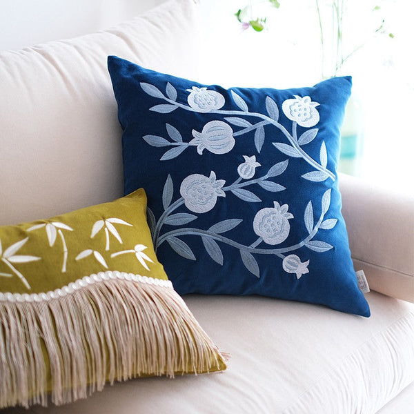 Large Decorative Pillows for Couch, Living Room Decorative Pillows, Blue Embroidered Pomegranate Cushion, Modern Throw Pillows for Bedroom, Decorative Pillow Arrangement Ideas for Couch-ArtWorkCrafts.com