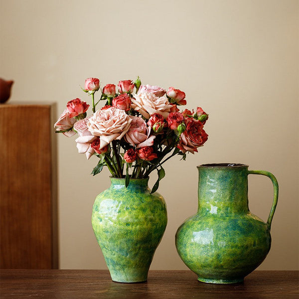 Centerpiece on Dining Table, Modern Pottery Flower Vases, Handmade Water Holding Flower Vases, Pottery Bud Vases, Large Green Flower Vases on Table-ArtWorkCrafts.com