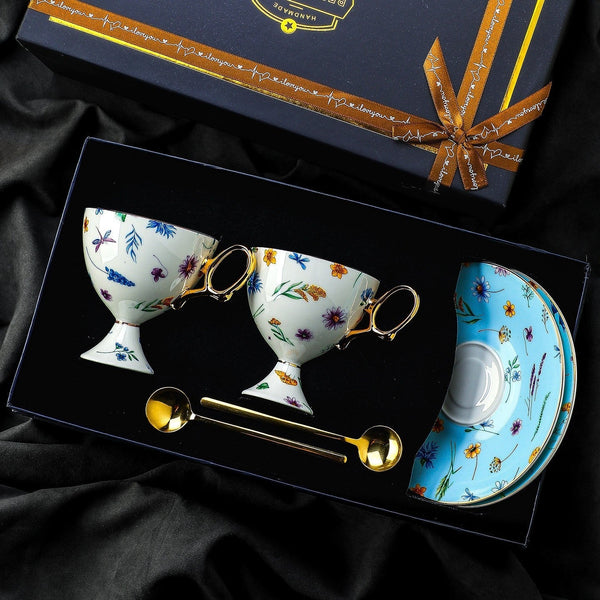 Elegant British Ceramic Coffee Cup with Saucer, 6.8 oz Tea Cup and Saucer Set in Gift Box, Floral Porcelain Tea Cup and Saucer Set, Flower Ceramic Tea Cup and Saucer-ArtWorkCrafts.com
