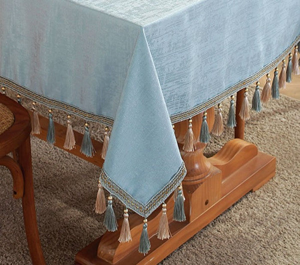 Light Blue Fringes Tablecloth for Home Decoration, Square Tablecloth for Round Table, Modern Rectangle Tablecloth, Large Simple Table Cloth for Dining Room Table-ArtWorkCrafts.com