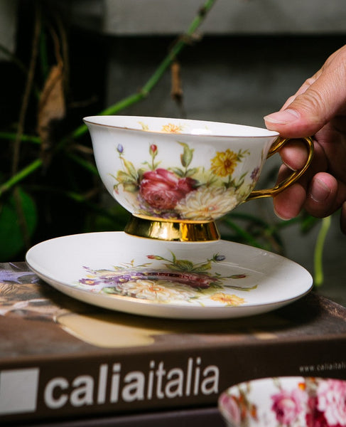 Elegant Rose Flower Ceramic Cups, Unique Royal Coffee Cup and Saucer, Creative Porcelain Tea Cup Saucer Set, Beautiful British Tea Cups-ArtWorkCrafts.com
