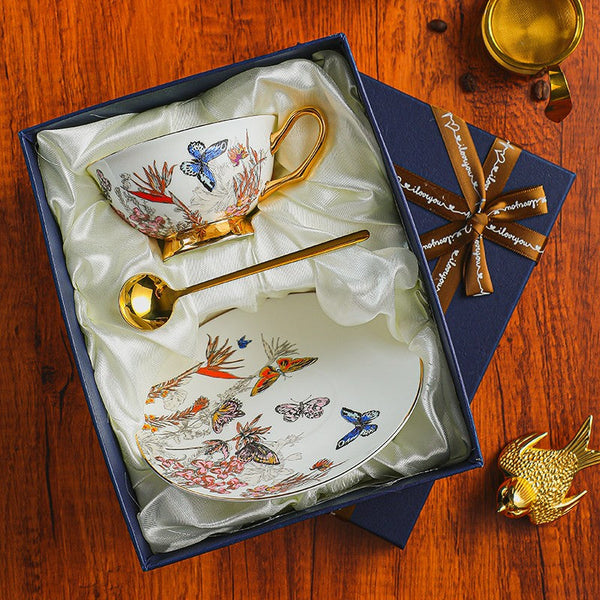 Ceramic Coffee Cups in Gift Box, Butterfly Pattern Porcelain Tea Cup and Saucer Set, British Traditional Afternoon Tea Cup and Saucer Set-ArtWorkCrafts.com
