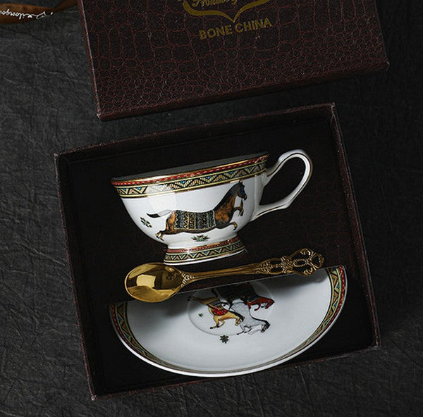 Elegant British Horse Pattern Coffee Cup with Saucer, 7.4 oz Ceramic Tea Cup and Saucer in Gift Box, Porcelain Tea Cup and Saucer Set-ArtWorkCrafts.com