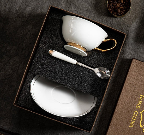 White Ceramic Cups, Elegant British Ceramic Coffee Cups, 7.8 oz Porcelain Tea Cup Saucer Set, Unique Tea Cup and Saucer in Gift Box-ArtWorkCrafts.com