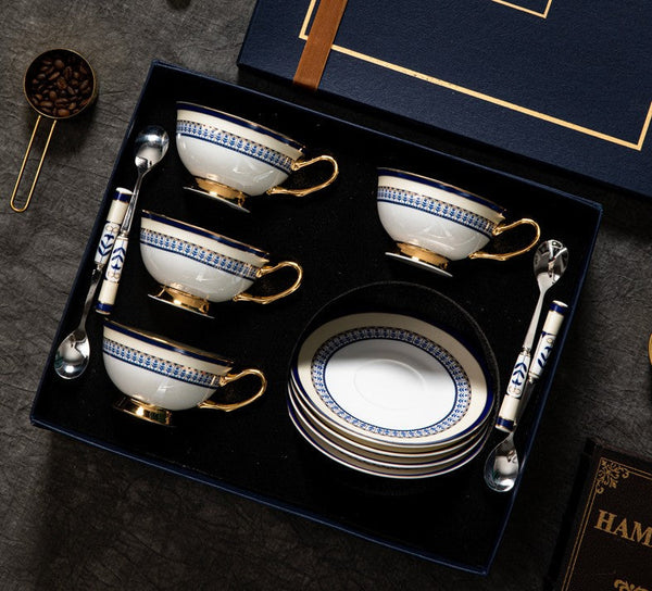 Blue Porcelain Tea Cup Saucer Set, Elegant British Ceramic Coffee Cups, Unique British Tea Cup and Saucer in Gift Box-ArtWorkCrafts.com