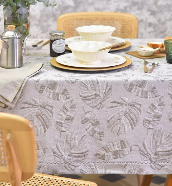 Monstera Leaf Modern Table Cloths for Kitchen, Simple Contemporary Grey Cotton Tablecloth, Large Rectangle Table Covers for Dining Room Table, Square Tablecloth for Round Table-ArtWorkCrafts.com