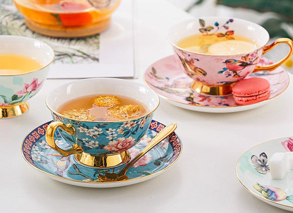 Unique Afternoon Tea Cups and Saucers in Gift Box, Royal Bone China Porcelain Tea Cup Set, Elegant Flower Pattern Ceramic Coffee Cups, Beautiful British Tea Cups-ArtWorkCrafts.com