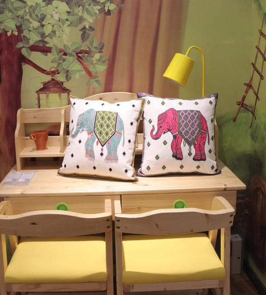 Cotton Decorative Pillows, Elephant Embroider Cotton Pillow Covers, Farmhouse Decorative Sofa Pillows, Decorative Throw Pillows for Couch-ArtWorkCrafts.com