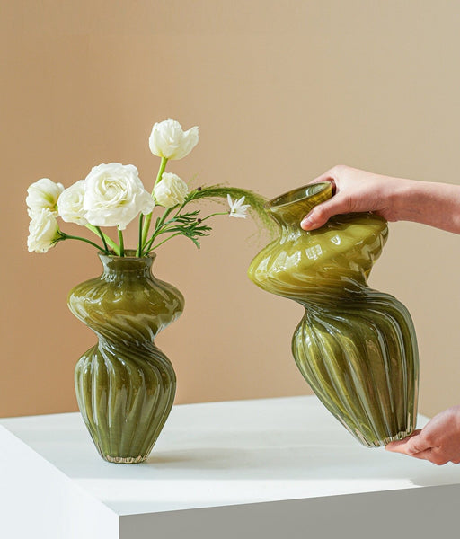 Unique Decorative Glass Vase, Centerpiece Vases on Table, Handmade Contemporary Glass Vases, Modern Green Vases for Living Room, Mid Century Vases for Flowers-ArtWorkCrafts.com