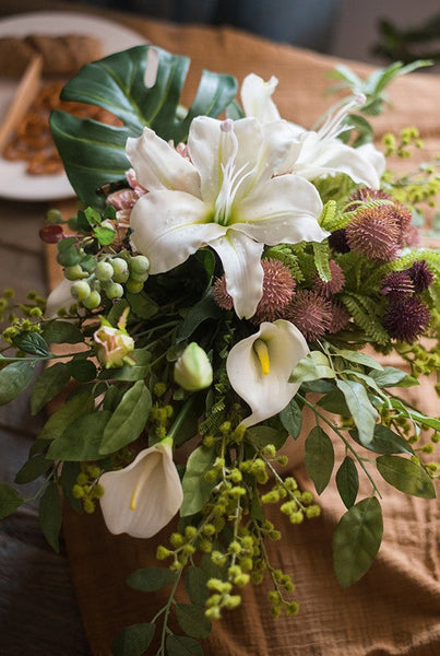 Calla Lily, Monstera Leaf, Globe Amaranth, Dahlia Flower, Botany Plants, Spring Flower Arrangement for Bedroom, Beautiful Modern Flower Arrangement Ideas for Home Decoration-ArtWorkCrafts.com