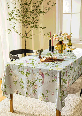 Singing Bird Tablecloth for Round Table, Kitchen Table Cover, Flower Table Cover for Dining Room Table, Modern Rectangle Tablecloth Ideas for Oval Table-ArtWorkCrafts.com