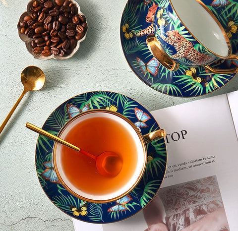 Creative Leopard Ceramic Coffee Cups, Unique Tea Cups and Saucers in Gift Box as Birthday Gift, Beautiful British Tea Cups, Creative Bone China Porcelain Tea Cup Set-ArtWorkCrafts.com