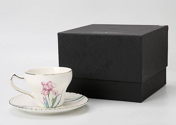 Iris Flower British Tea Cups, Beautiful Porcelain Tea Cup Saucer Set, Traditional English Tea Cup and Saucer, Unique Ceramic Coffee Cups in Gift Box-ArtWorkCrafts.com