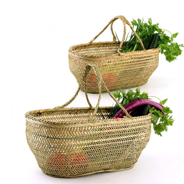 Picnic Food Basket with Handle, Large Natural Hand-woven Bamboo Basket, Lovely Bamboo Baskets for Vegetable, Natural Fruit Basket Kitchen Storage Baskets-ArtWorkCrafts.com