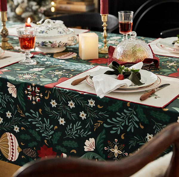 Jingle Bell Christmas Table Covers for Dining Table, Green Table Cloth for Oval Table, Large Modern Rectangle Tablecloth for Large Table-ArtWorkCrafts.com