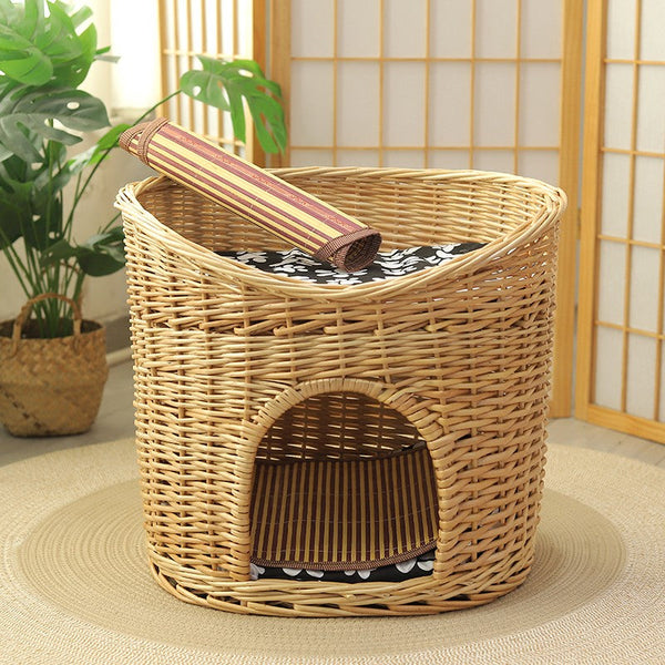Washable Wicker Cat Bed, Wicker Cat House with Washable Cushion for Indoor Cats and Dogs-ArtWorkCrafts.com