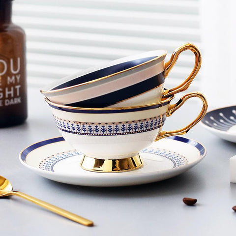 Porcelain Coffee Cups, Latte Coffee Cups, British Tea Cups, Tea Cups and Saucers, Coffee Cups with Gold Trim and Gift Box-ArtWorkCrafts.com