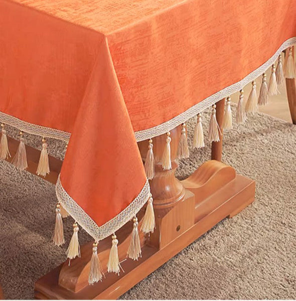 Modern Rectangle Tablecloth, Large Simple Table Cover for Dining Room Table, Orange Fringes Tablecloth for Home Decoration, Square Tablecloth for Round Table-ArtWorkCrafts.com