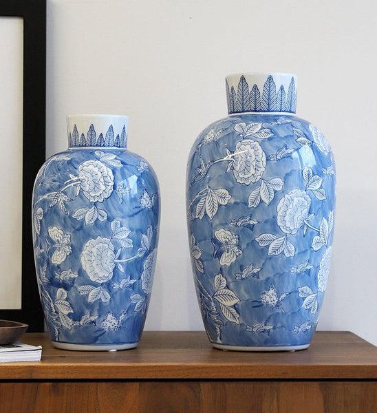 Large Flower Vases on Dining Table, Blue Porcelain Flower Vases, Centerpiece Ceramic Bouquet Vases, Handmade Modern Flower Vase-ArtWorkCrafts.com