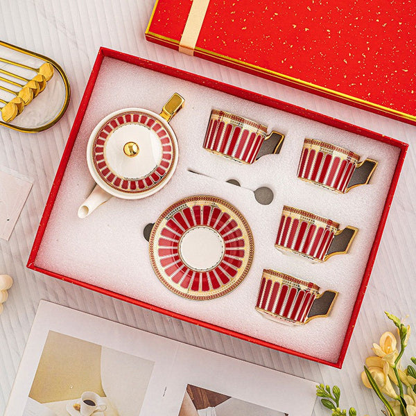 Modern Ceramic Coffee Cups, Red Tea Cup and Saucer Set with Teapot in Gift Box, Porcelain Tea Cup and Saucer Set-ArtWorkCrafts.com
