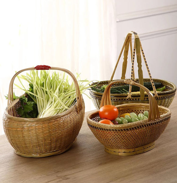 Natural Hand-woven Bamboo Basket, Extra Large Picnic Food Basket with Handle, Lovely Bamboo Baskets for Vegetable, Natural Fruit Basket Kitchen Storage Baskets-ArtWorkCrafts.com