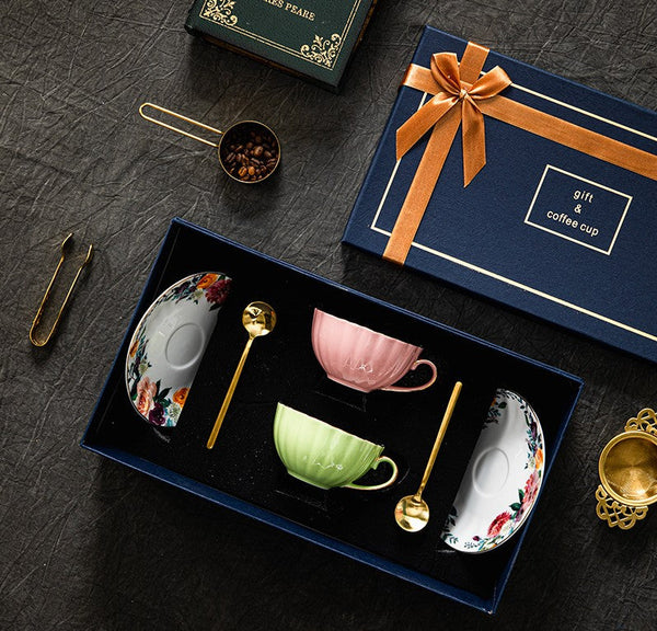 Elegant Ceramic Coffee Cups, Beautiful British Tea Cups, Creative Bone China Porcelain Tea Cup Set, Unique Tea Cups and Saucers in Gift Box-ArtWorkCrafts.com