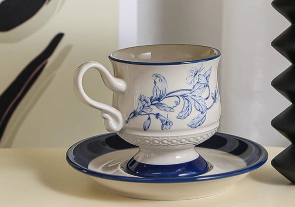Creative Blue Coffee Cup and Saucer, Elegant Ceramic Cups for Afternoon Tea, Creative Porcelain Tea Cup Set, Beautiful British Tea Cups-ArtWorkCrafts.com