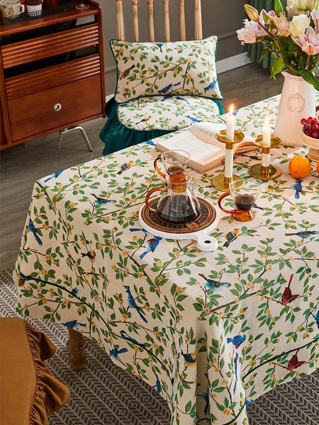 Large Modern Rectangle Tablecloth for Dining Room Table, Bird Flower Pattern Farmhouse Table Cloth, Square Tablecloth for Round Table-ArtWorkCrafts.com