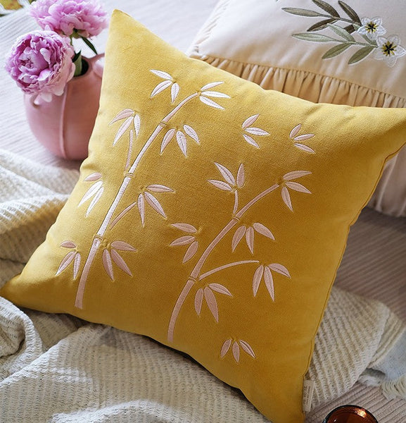 Decorative Pillow Arrangement Ideas for Couch, Large Decorative Pillows for Couch, Modern Throw Pillows for Bedroom, Living Room Decorative Pillows, Yellow Embroidered Bamboo Cushion-ArtWorkCrafts.com