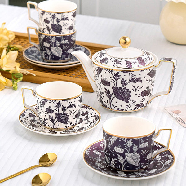 Porcelain Tea Cup and Saucer Set of 4 cups, 8 oz British Traditional Afternoon Tea Cup Set with Teapot, Ceramic Coffee Cup with Saucer in Gift Box-ArtWorkCrafts.com