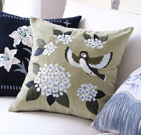 Decorative Pillow Arrangement Ideas for Couch, Living Room Decorative Pillows, Embroidered Swallow Birds Cushion, Large Decorative Pillows for Couch, Modern Throw Pillows for Bedroom-ArtWorkCrafts.com