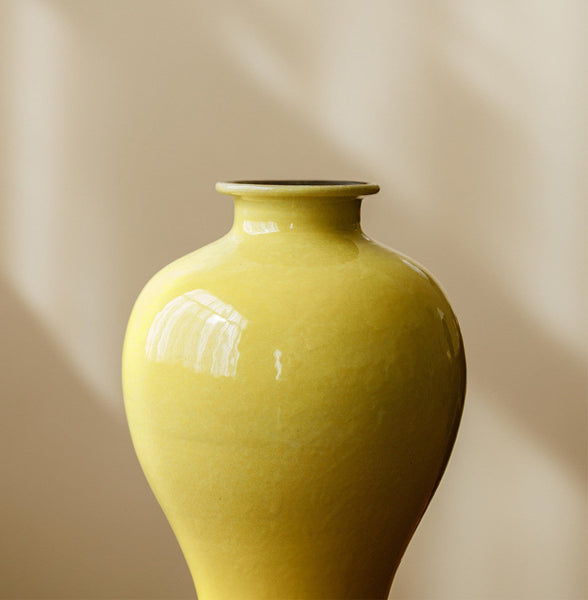 Porcelain Flower Vases, Handmade Water Holding Flower Vase, Yellow Flower Vases on Table, Ceramic Bud Vases-ArtWorkCrafts.com