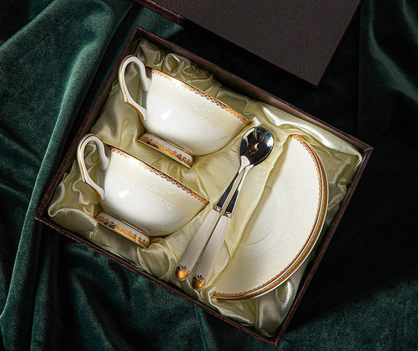 Bone China Porcelain Coffee Cup Set, White Ceramic Cups, Elegant British Ceramic Coffee Cups, Unique Tea Cup and Saucer in Gift Box-ArtWorkCrafts.com