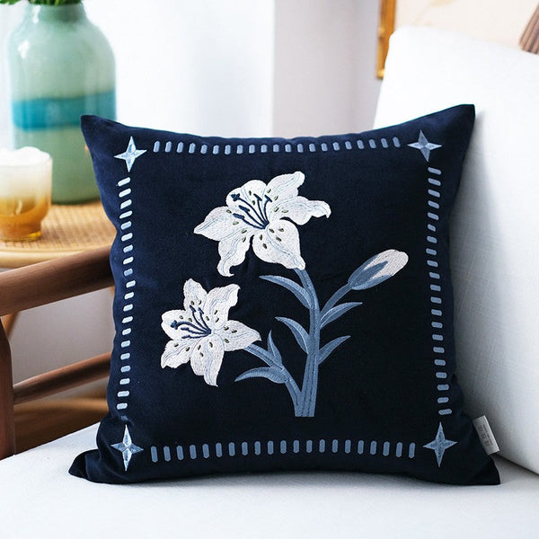 Dark Blue Lily Embroidered Cushion, Living Room Decorative Pillows, Decorative Pillow Arrangement Ideas for Couch, Large Decorative Pillows for Couch, Modern Throw Pillows for Bedroom-ArtWorkCrafts.com