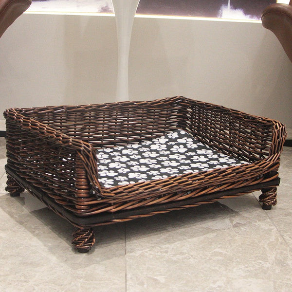 Large Natural Wicker Dog Bed with Washable Cushion for Indoor Cats and Dogs, Hand Woven Rattan Cat Beds-ArtWorkCrafts.com
