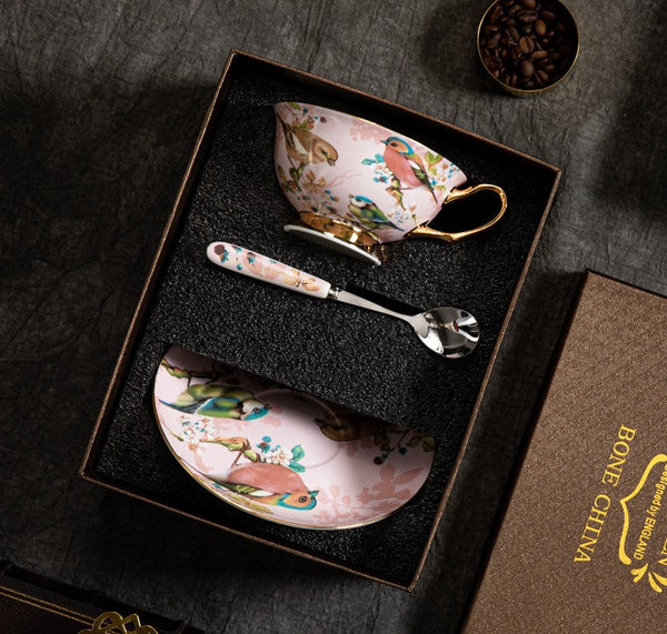 Unique Tea Cup and Saucer in Gift Box, Lovely Birds Ceramic Cups, 8 oz Ceramic Coffee Cups, Afternoon Porcelain Tea Cup Set-ArtWorkCrafts.com