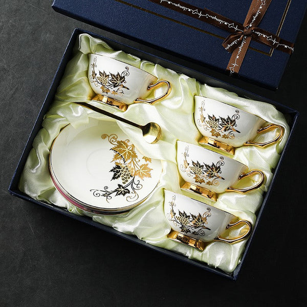 Elegant British Ceramic Coffee Cups, Golden Leaves and Grapes Porcelain Tea Cup Saucer Set, Unique British Tea Cup and Saucer in Gift Box