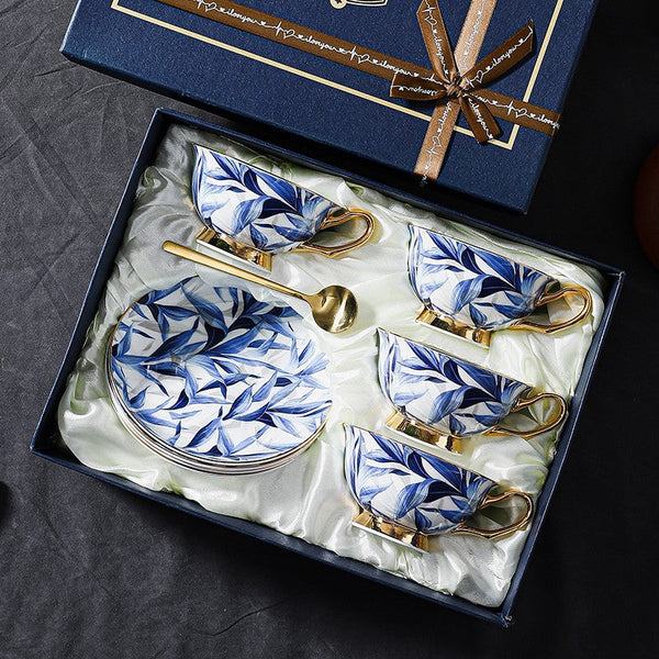 Unique British Tea Cup and Saucer in Gift Box, Blue Porcelain Tea Cup Saucer Set, 7.4 oz British Ceramic Coffee Cups-ArtWorkCrafts.com