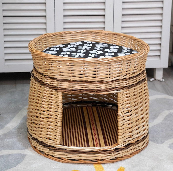 Large Double-Layer Cat Bed, Wicker Cat House Basket with Washable Cushion for Indoor Cats and Dogs-ArtWorkCrafts.com