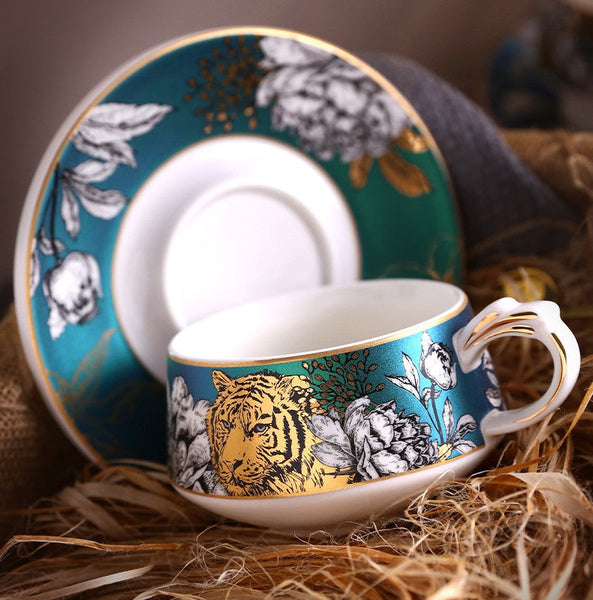 Handmade Ceramic Cups with Gold Trim and Gift Box, Jungle Tiger Cheetah Porcelain Coffee Cups, Creative Ceramic Tea Cups and Saucers-ArtWorkCrafts.com
