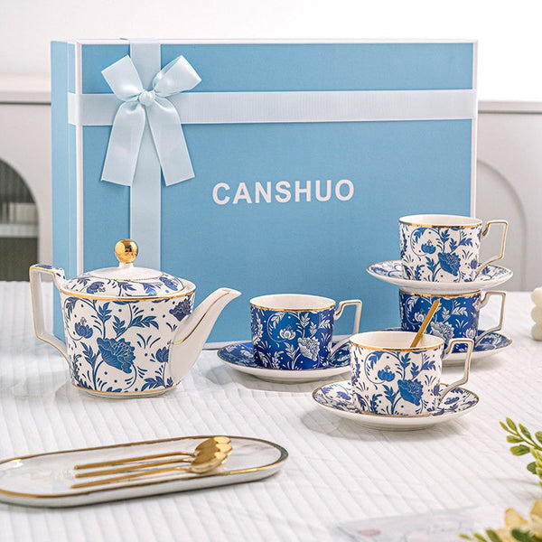 Ceramic Coffee Cup with Saucer in Gift Box, 8 oz Blue Porcelain Tea Cup and Saucer Set of 4 cups, British Traditional Afternoon Tea Cup Set with Teapot-ArtWorkCrafts.com